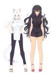  2girls animal_ears black_dress breasts cat_ears cat_tail closed_mouth curly_hair dress high_heels highres long_hair looking_at_another multiple_girls murata_tefu original simple_background tail toes white_background 