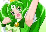  1girl :d arm_up armpits circlet cure_march detached_sleeves eyebrows_visible_through_hair eyelashes fuchi_(nightmare) gradient gradient_background green_background green_eyes green_hair green_neckwear green_vest hair_between_eyes hair_intakes long_hair looking_at_viewer open_mouth precure shiny shiny_hair shiny_skin smile smile_precure! solo tied_hair upper_body very_long_hair vest white_background white_sleeves 