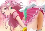  1girl :3 bent_over blush closed_mouth clover_earrings cowboy_shot crop_top cure_yell earrings eyelashes flower fuchi_(nightmare) hair_cones hair_flower hair_ornament hair_ribbon hands_on_own_knees heart heart_hair_ornament hugtto!_precure jewelry layered_skirt long_hair midriff miniskirt navel pink_hair pleated_skirt precure red_eyes red_ribbon red_skirt ribbon see-through shiny shiny_hair shiny_skin skirt smile solo standing stomach thigh-highs very_long_hair white_flower white_legwear wrist_cuffs 