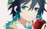 1boy androgynous apple bangs beret black_hair blue_hair braid closed_mouth collared_cape collared_shirt commentary_request food fruit genshin_impact gradient_hair green_eyes green_headwear hat holding holding_food holding_fruit looking_at_viewer male_focus multicolored_hair shirt short_hair_with_long_locks sidelocks simple_background smile solo twin_braids venti_(genshin_impact) white_background white_shirt yoko_(nz_g) 