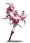  1girl absurdres animal_ears bangs bare_shoulders boots fox_ears fox_mask full_body hair_between_eyes highres holding holding_sword holding_weapon honkai_(series) honkai_impact_3rd japanese_clothes katana long_hair looking_at_viewer mask meng_xi_ds open_mouth pink_hair pink_skirt purple_footwear shadow sheath sheathed simple_background skirt solo standing standing_on_one_leg sword teeth thigh-highs violet_eyes weapon white_background white_legwear yae_sakura 