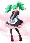  1girl ankle_bow apron back_bow bangs biburi_(precure) black_dress black_legwear blunt_bangs blush bow closed_mouth dress eyebrows_visible_through_hair floating_hair fuchi_(nightmare) full_body gothic_lolita green_hair holding holding_plate kirakira_precure_a_la_mode layered_dress lolita_fashion long_hair long_sleeves looking_at_viewer maid maid_headdress medium_dress neck_ribbon pantyhose pink_dress plate precure red_bow red_footwear red_ribbon ribbon shiny shiny_hair smile solo standing twintails two-tone_dress waist_apron white_apron white_bow yellow_eyes 