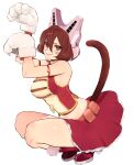  1girl absurdres arms_up bare_shoulders belt boku_no_hero_academia boots breasts brown_hair cat_tail gloves headgear high_heels highres large_breasts mandalay_(boku_no_hero_academia) navel paw_pose red_skirt redhead skirt solo solo_focus tail thighs tsunami_samemaru white_background 