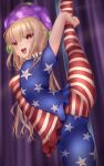  1girl american_flag_legwear american_flag_shirt arms_up bangs blonde_hair blue_pants blue_shirt breasts clownpiece eyebrows_visible_through_hair eyes_visible_through_hair hair_between_eyes hands_up hat highres jester_cap leg_up long_hair looking_at_viewer medium_breasts multicolored multicolored_clothes multicolored_pants multicolored_shirt no_shoes open_mouth pants pink_headwear polka_dot red_eyes red_pants red_shirt shirt short_sleeves shounen_(hogehoge) smile solo standing standing_on_one_leg star_(symbol) star_print striped striped_pants striped_shirt teeth tongue touhou white_pants white_shirt 