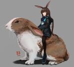  1girl amiya_(arknights) animal animal_ears arknights ascot bangs black_coat black_legwear blue_eyes blue_footwear blue_neckwear brown_hair coat commentary grey_background highres long_hair long_sleeves lumirumi open_clothes open_coat oversized_animal pantyhose ponytail rabbit rabbit_ears riding shadow shirt shoes sideways_mouth simple_background solo very_long_hair white_shirt 