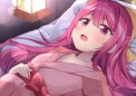  1girl :d acchii_(akina) bangs bow collarbone commentary_request eyebrows_visible_through_hair futon hair_between_eyes hair_bow hair_ribbon japanese_clothes kamikaze_(kancolle) kantai_collection lantern long_hair long_sleeves looking_at_viewer lying open_mouth pillow pink_eyes pink_hair ribbon sidelocks smile solo 