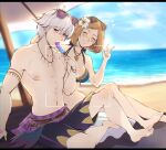  1boy 1girl beach bikini blue_sky breasts brown_hair evomanaphy eyewear_on_head fire_emblem fire_emblem_heroes food grima_(fire_emblem) highres jewelry kiran_(fire_emblem) looking_at_viewer male_swimwear necklace ocean popsicle red_eyes robin_(fire_emblem) robin_(fire_emblem)_(male) sky sunglasses swim_trunks swimsuit tooth_necklace umbrella v viewfinder white_hair 