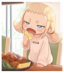  1girl blonde_hair blue_eyes border child commentary_request food fried_chicken fruit kozato_(yu_kozato) lemon long_sleeves low_twintails open_mouth original shirt short_twintails solo twintails white_border white_shirt 