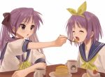  2girls cake closed_eyes cup feeding food hiiragi_kagami hiiragi_tsukasa long_hair lucky_star mug multiple_girls open_mouth purple_hair school_uniform serafuku short_hair tanupon twintails 