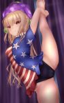  1girl american_flag_shirt arms_up bangs black_swimsuit blonde_hair blue_shirt breasts closed_mouth clownpiece eyebrows_visible_through_hair eyes_visible_through_hair hair_between_eyes hands_up hat highres jester_cap leg_up long_hair looking_at_viewer medium_breasts multicolored multicolored_clothes multicolored_shirt pink_headwear polka_dot red_eyes red_shirt school_swimsuit shirt short_sleeves shounen_(hogehoge) smile solo standing standing_on_one_leg star_(symbol) star_print striped striped_shirt swimsuit touhou white_shirt 