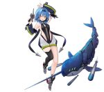  1girl arm_behind_head azur_lane black_legwear black_swimsuit blue_hair breasts detached_sleeves expressions gun highres holding holding_gun holding_weapon mechanical_animal medium_hair narwhal nautilus_(azur_lane) official_art one-piece_swimsuit rudder_footwear single_thighhigh skin_tight small_breasts solo suisai swimsuit thigh-highs transparent_background underwater weapon yellow_eyes 