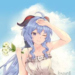  1girl ;) absurdres ahoge alternate_costume armpits artist_name bangs blue_hair blue_sky casual clone collarbone commentary_request contemporary dress eyebrows_visible_through_hair flower ganyu_(genshin_impact) genshin_impact hair_between_eyes hand_on_own_head head_tilt highres holding holding_flower horns kitsun8 long_hair looking_away one_eye_closed sidelocks sky smile solo violet_eyes white_dress 