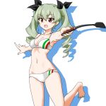  1girl absurdres anchovy_(girls_und_panzer) bangs barefoot bikini black_ribbon breasts drill_hair drops_mint eyebrows_visible_through_hair girls_und_panzer green_hair green_nails hair_ribbon highres holding long_hair looking_at_viewer medium_breasts nail_polish navel open_mouth red_eyes ribbon riding_crop silhouette simple_background smile solo standing swimsuit twin_drills twintails white_background white_bikini 