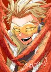  1boy :d absurdres artist_name black_shirt blonde_hair boku_no_hero_academia brown_jacket buttons facial_hair feathered_wings fur-trimmed_jacket fur_trim goggles hawks_(boku_no_hero_academia) headphones highres jacket looking_at_viewer male_focus o-miya_(ohmiya_you) open_mouth red_wings shirt short_hair sideburns smile solo superhero thick_eyebrows tinted_eyewear wings yellow-tinted_eyewear yellow_eyes 