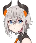  1girl absurdres bare_shoulders blue_eyes demon_girl demon_horns eyebrows_visible_through_hair fang grey_hair hair_between_eyes highres horns levi_elipha looking_to_the_side makurappoi necktie nijisanji short_hair simple_background skin_fang solo upper_body virtual_youtuber white_background 