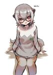 1girl blush brown_legwear commentary_request eyebrows_visible_through_hair from_above glasses grey_hair grey_legwear grey_sweater japari_symbol kemono_friends long_sleeves looking_at_viewer meerkat_(kemono_friends) meerkat_ears meerkat_tail mitorizu_02 multicolored_hair open_mouth pantyhose red_eyes short_hair sitting smile solo sweater tail translation_request two-tone_hair two-tone_legwear two-tone_sweater