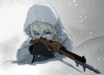  1girl aiming bangs bayonet black_gloves blue_eyes bolt_action coat commentary_request eyebrows_visible_through_hair girls_und_panzer gloves gun holding holding_gun holding_weapon hood hood_up hooded_coat korean_commentary long_sleeves looking_at_viewer rifle shadow short_hair silver_hair snow solo weapon white_coat youko_(girls_und_panzer) yu_arin 