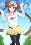  1girl bangs black_legwear blush bow breasts bright_pupils brown_hair closed_mouth clouds collarbone commentary_request day double_bun floating_hair grey_eyes hair_between_eyes hands_up highres kukaninugi legwear_under_shorts long_hair outdoors pantyhose pink_bow pokemon pokemon_(game) pokemon_bw2 raglan_sleeves rosa_(pokemon) shirt shorts sky sleeves_past_elbows smile solo twintails two-tone_headwear visor_cap yellow_shorts 