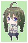  1girl ahoge bangs black_legwear black_skirt blue_eyes blush braid brown_footwear chibi closed_mouth collared_shirt commentary_request eyebrows_visible_through_hair full_body green_background green_hair green_neckwear grey_jacket hair_between_eyes jacket long_hair necktie nenosame outline pantyhose pleated_skirt princess_connect! shirt shoes skirt smile solo standing twin_braids twintails very_long_hair white_outline white_shirt yuni_(princess_connect!) yuni_(real)_(princess_connect!) 