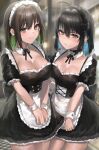  2girls absurdres ahoge apron artist_name bangs black_bow black_choker black_dress black_hair blue_hair blue_nails blurry blurry_background blush borrowed_character bow breasts brown_eyes brown_hair choker colored_inner_hair commentary corset cowboy_shot cross cross_earrings detached_collar dress earrings english_commentary green_hair hair_between_eyes hair_bow hand_on_hip highres irene_(kanniiepan) jewelry kanniiepan large_breasts looking_at_viewer maid maid_headdress medium_hair miru_(ormille) mole mole_on_breast mole_under_eye multicolored_hair multiple_girls nail_polish original own_hands_together parted_lips puffy_short_sleeves puffy_sleeves short_sleeves sidelocks smile standing two-tone_hair white_apron wrist_cuffs 