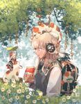  2girls :o animal_ears animal_on_head backpack bag bendy_straw black_dress black_sweater_vest blonde_hair blue_eyes branch calico cat cat_ear_headphones cat_ears cat_on_head cat_tail collared_shirt commentary_request dress drink drinking_straw eye_contact fish flower from_side grey_background hand_up headphones highres holding holding_carton holding_drink holding_leaf id_card leaf leaf_umbrella long_hair long_sleeves looking_at_another medium_hair milk milk_carton minigirl mouth_hold multiple_girls multiple_sources oimo_imoo on_animal on_head open_bag original outdoors parted_lips paw_print plant print_bag profile red_flower red_ribbon ribbon shirt sweater_vest tail tail_ornament tail_ribbon vines white_flower white_hair white_shirt white_tail wide_sleeves wing_collar 