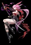  1girl absurdres animal_ears armor back bangs black_background breasts capray dual_wielding earrings fox_ears full_body hair_between_eyes highres holding holding_weapon honkai_(series) honkai_impact_3rd japanese_armor jewelry katana long_hair looking_at_viewer ninja pink_hair scarf sideboob simple_background solo sword violet_eyes weapon yae_kasumi yae_sakura yae_sakura_(darkbolt_jonin) 