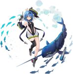  1girl arm_behind_head azur_lane black_legwear black_swimsuit blue_hair breasts detached_sleeves expressions gun highres holding holding_gun holding_weapon mechanical_animal medium_hair narwhal nautilus_(azur_lane) official_art one-piece_swimsuit rudder_footwear single_thighhigh skin_tight small_breasts solo suisai swimsuit thigh-highs transparent_background underwater weapon yellow_eyes 