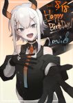  ! 2021 bare_shoulders blue_eyes chalos character_name commentary_request dated demon_girl demon_horns fangs gloves hair_between_eyes happy_birthday highres horns levi_elipha long_sleeves looking_at_viewer necktie nijisanji open_mouth short_hair teeth tongue upper_body white_hair 