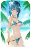  1girl :| bangs beach bikini blue_bikini blue_eyes blue_hair blurry blurry_background blurry_foreground blush breasts closed_mouth clouds collarbone covered_nipples cowboy_shot day depth_of_field eyebrows_visible_through_hair groin hair_tie hand_under_clothes hand_under_swimsuit high_ponytail highres kuchinawa_(skyks) lifted_by_self looking_back medium_breasts navel nervous ocean original outdoors palm_leaf ponytail pulled_by_self side-tie_bikini sidelocks sky solo standing sweat swimsuit tree under_boob wavy_mouth 