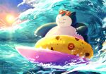  claws closed_mouth commentary_request fangs fangs_out gen_1_pokemon highres innertube no_humans ohdon outdoors pokemon pokemon_(creature) pokemon_(game) pokemon_unite sky smile snorlax solo star-shaped_eyewear sun sunglasses surfing watermark waves 