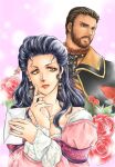  1boy 1girl beard black_hair daikoukai_jidai daikoukai_jidai_online doriru_makkusu_tagami dress earrings envelope facial_hair flower holding holding_envelope jewelry lipstick long_hair makeup mustache pink_background pink_dress rose simple_background yellow_eyes 