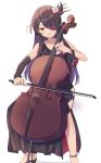  1girl bangs beidou_(genshin_impact) black_dress black_hair bow cello character_request commentary_request dress eyebrows_visible_through_hair eyepatch genshin_impact hair_ornament hairpin high_heels highres holding holding_instrument instrument long_hair looking_at_viewer music playing_instrument red_eyes shirase_(shirose) sidelocks simple_background smile solo thigh_gap white_background 