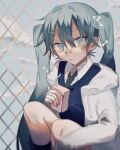  1girl absurdres bandaid bandaid_on_nose black_neckwear blue_eyes blue_hair blue_sky blue_sweater bow chain-link_fence clouds commentary ear_piercing eyebrows_visible_through_hair feet_out_of_frame fence hair_bow hair_ornament hairclip hatsune_miku highres hood hood_down hoodie juice_box kineta long_hair long_sleeves looking_at_viewer necktie parted_lips piercing school_uniform sitting sky sleeves_past_wrists solo sweater twintails vocaloid white_bow white_hoodie 