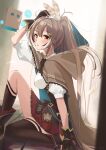  1girl absurdres black_legwear breasts brown_eyes brown_hair commentary feathers gloves hair_ornament highres hololive hololive_english long_hair looking_at_viewer nanashi_mumei ponytail sitting solo thigh-highs timo_wei95 virtual_youtuber 