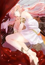  1girl aqua_eyes armlet asa_(1asa-0-asa1) bangs bare_shoulders belt bracelet breasts circe_(fate) dress fate/grand_order fate_(series) feathered_wings feet head_wings highres jewelry legs long_hair looking_at_viewer lying on_side petals pig pink_hair pointy_ears short_dress sidelocks small_breasts solo thighlet white_dress wings 