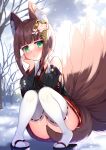  1girl :&lt; animal_ears arm_support bangs blunt_bangs blurry brown_hair character_request commentary_request depth_of_field detached_sleeves eyebrows_visible_through_hair fox_ears fox_girl fox_tail green_eyes hair_ornament head_rest highres indie_virtual_youtuber japanese_clothes kyuubi looking_at_viewer multiple_tails pleated_skirt ribbon-trimmed_sleeves ribbon_trim ringo_sui short_hair short_hair_with_long_locks sidelocks skirt snowing solo squatting tail thigh-highs virtual_youtuber white_legwear wide_sleeves zettai_ryouiki 