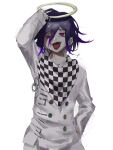  1boy :d absurdres arm_up bangs black_hair broken_halo buttons checkered checkered_scarf commentary_request dangan_ronpa_(series) dangan_ronpa_v3:_killing_harmony double-breasted grey_background grey_jacket grey_pants halo hand_in_pocket highres jacket joh_pierrot long_sleeves male_focus open_mouth ouma_kokichi pants red_eyes scarf simple_background smile solo tongue tongue_out upper_teeth 