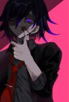  1boy absurdres alternate_costume bangs black_hair black_jacket blood blood_on_face commentary_request dangan_ronpa_(series) dangan_ronpa_v3:_killing_harmony fingernails grey_shirt hair_over_one_eye highres jacket joh_pierrot long_sleeves looking_at_viewer male_focus necktie ouma_kokichi pink_background purple_hair red_neckwear sharp_fingernails shirt short_hair signature smile solo thumbs_up tie_clip upper_body violet_eyes 