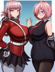  2girls belt black_legwear breast_press breasts commission dress expressionless fate/grand_order fate_(series) florence_nightingale_(fate) folded_ponytail glasses gloves hair_over_one_eye hand_on_hip hands_clasped highres huge_breasts jacket_pull large_breasts long_hair mash_kyrielight military military_uniform miniskirt multiple_girls own_hands_together pantyhose pink_eyes pink_hair pleated_skirt short_dress short_hair skirt sleeveless sleeveless_dress smile standby symmetrical_docking uniform violet_eyes white_belt white_gloves white_legwear 
