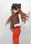  1girl ass blue_eyes brown_hair brown_jacket eyebrows_visible_through_hair fadingz from_side grey_hair hair_between_eyes hands_in_pockets hat highres jacket long_hair neon_genesis_evangelion parted_lips pixiv_id plugsuit rebuild_of_evangelion shadow solo souryuu_asuka_langley 