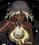  1girl absurdres breasts dark-skinned_female dark_skin deuljjugnaljjug earth_(planet) highres hololive hololive_english large_breasts long_hair low_twintails planet planet_hair_ornament sideboob solo space tsukumo_sana twintails upper_body virtual_youtuber white_hair yellow_eyes 