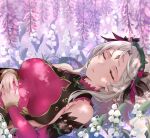  1girl bare_shoulders breasts closed_eyes closed_mouth commentary_request detached_sleeves dress facial_mark fire_emblem fire_emblem_heroes flower forehead_mark grey_hair haru_(nakajou-28) highres large_breasts lips long_hair lying pink_dress pink_lips pink_sleeves plant plumeria_(fire_emblem) pointy_ears sideboob sidelocks sleeveless sleeveless_dress solo thorns vines white_flower 