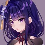  1girl absurdres bangs breasts closed_mouth commentary english_commentary eyebrows_visible_through_hair flower genshin_impact hair_ornament hichamin highres long_hair looking_at_viewer purple_background purple_flower purple_hair raiden_shogun ribbon simple_background solo tassel violet_eyes 