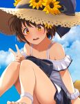  1girl 2021 bangs blue_bow blue_sky bow brown_hair character_name clouds day dress flower hat hat_flower kantai_collection off-shoulder_dress off_shoulder open_mouth orange_eyes outdoors short_hair sky solo straw_hat summer upper_body v watanore white_dress yellow_flower yukikaze_(kancolle) 