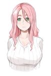  1girl blush breasts copyright_request green_eyes hair_between_eyes large_breasts looking_at_viewer parted_lips pink_hair ribbed_sweater simple_background smile solo sweater tachibana_roku upper_body white_background white_sweater 
