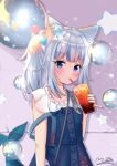  1girl animal_ears bag bangs belt blunt_bangs bubble bubble_tea cat_ears collarbone commentary cup drinking drinking_glass drinking_straw drinking_straw_in_mouth eyebrows_visible_through_hair fish_tail gawr_gura grey_eyes handbag holding holding_cup hololive hololive_english kemonomimi_mode long_hair looking_at_viewer m_ko_(maxft2) multicolored_hair ponytail shark_tail short_sleeves sidelocks solo streaked_hair suspenders tail two-tone_hair white_hair 