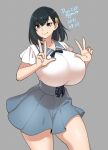  1girl agawa_ryou artist_name asymmetrical_bangs bangs black_hair blue_bow blue_skirt bow breasts closed_mouth collared_shirt commentary cowboy_shot dated double_v english_commentary eyebrows_visible_through_hair grey_background hands_up high-waist_skirt huge_breasts long_hair miniskirt numbered original red_eyes shirt short_sleeves simple_background skirt smile solo swept_bangs thick_thighs thighs tsurime v w_arms white_shirt 