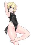  1girl absurdres animal_ears armpits arms_behind_head blonde_hair commentary_request competition_swimsuit covered_navel cowboy_shot dog_ears dog_tail erica_hartmann grey_eyes grin groin hair_ears highres looking_at_viewer multicolored_hair one-piece_swimsuit short_hair simple_background smile solo standing standing_on_one_leg strike_witches swimsuit tail white_background world_witches_series yuusha 