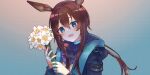  1girl amiya_(arknights) animal_ears arknights ascot blue_background blue_eyes blue_jacket blue_neckwear bouquet brown_hair commentary defalia_b flower gradient gradient_background hair_between_eyes happy holding holding_bouquet jacket jewelry long_hair looking_at_viewer multiple_rings open_clothes open_jacket open_mouth pink_background ponytail rabbit_ears ring shirt sidelocks simple_background solo teeth white_flower white_shirt 