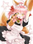 1girl animal_ear_fluff animal_ears apron asa_(1asa-0-asa1) bangs bell black_dress blush bow breasts collar dress fangs fate/extra fate/grand_order fate_(series) fox_ears fox_girl fox_tail frills hair_between_eyes hair_bow jingle_bell large_breasts long_hair looking_at_viewer neck_bell open_mouth pink_hair ponytail puffy_short_sleeves puffy_sleeves red_bow short_sleeves sidelocks smile solo tail tamamo_(fate) tamamo_cat_(fate) thigh-highs white_apron white_legwear yellow_eyes 